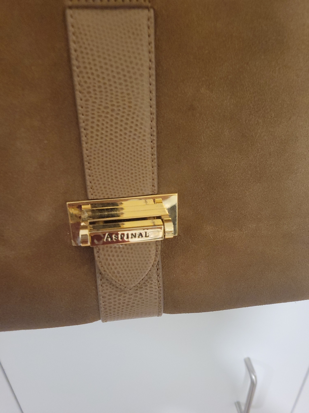 Aspinal Taupe Suede Shoulder Bag with Gold Hardware